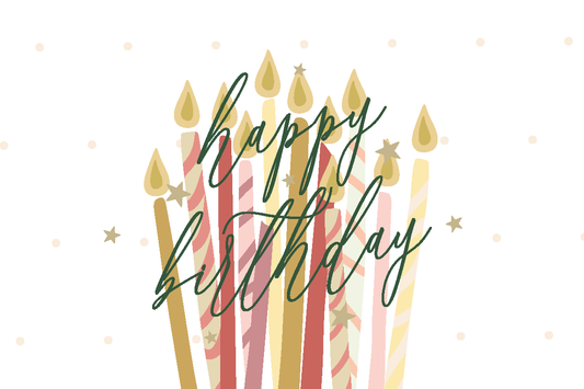 a happy birthday card with candles and stars