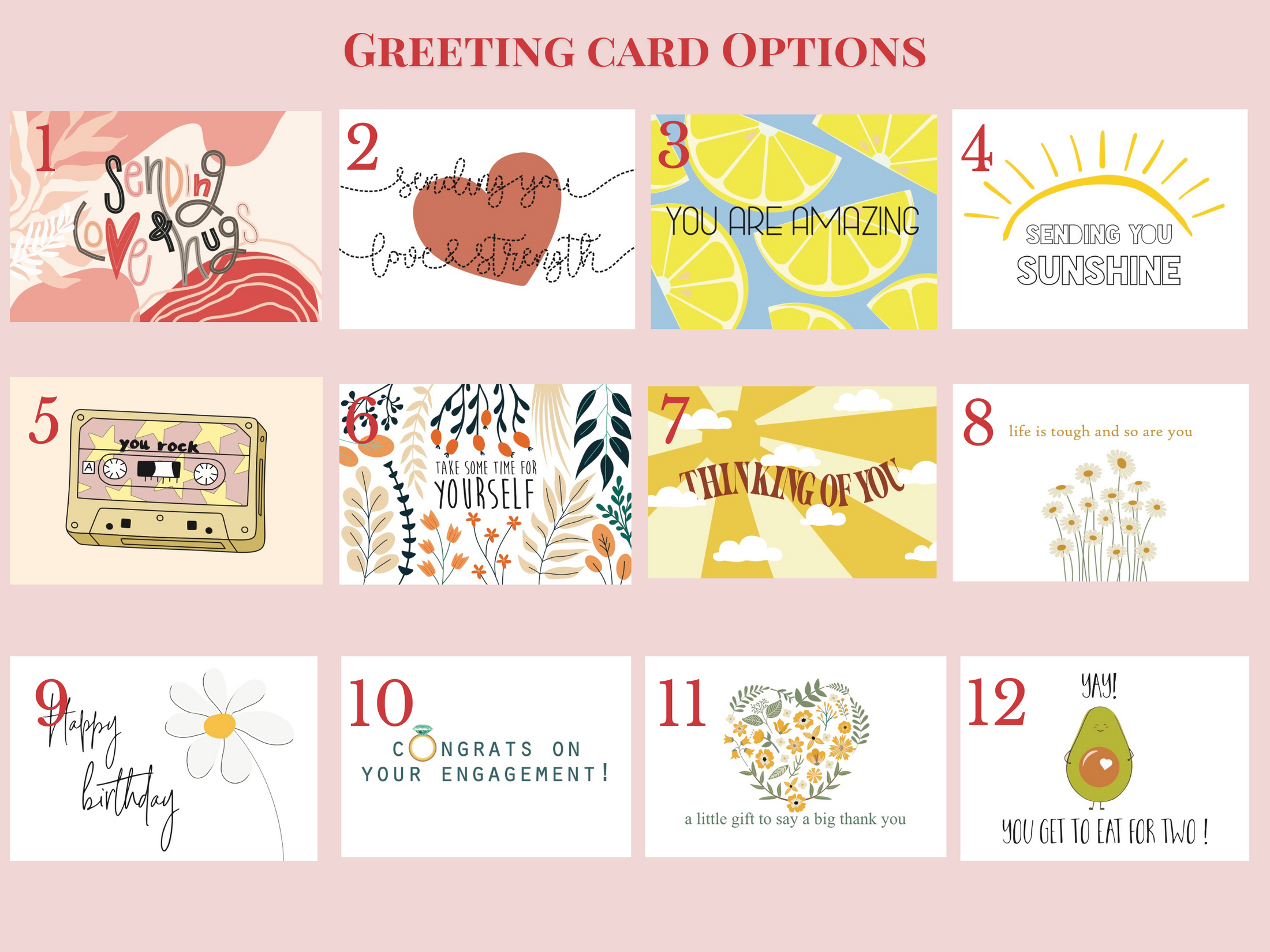 a set of greeting cards with the words greeting card options